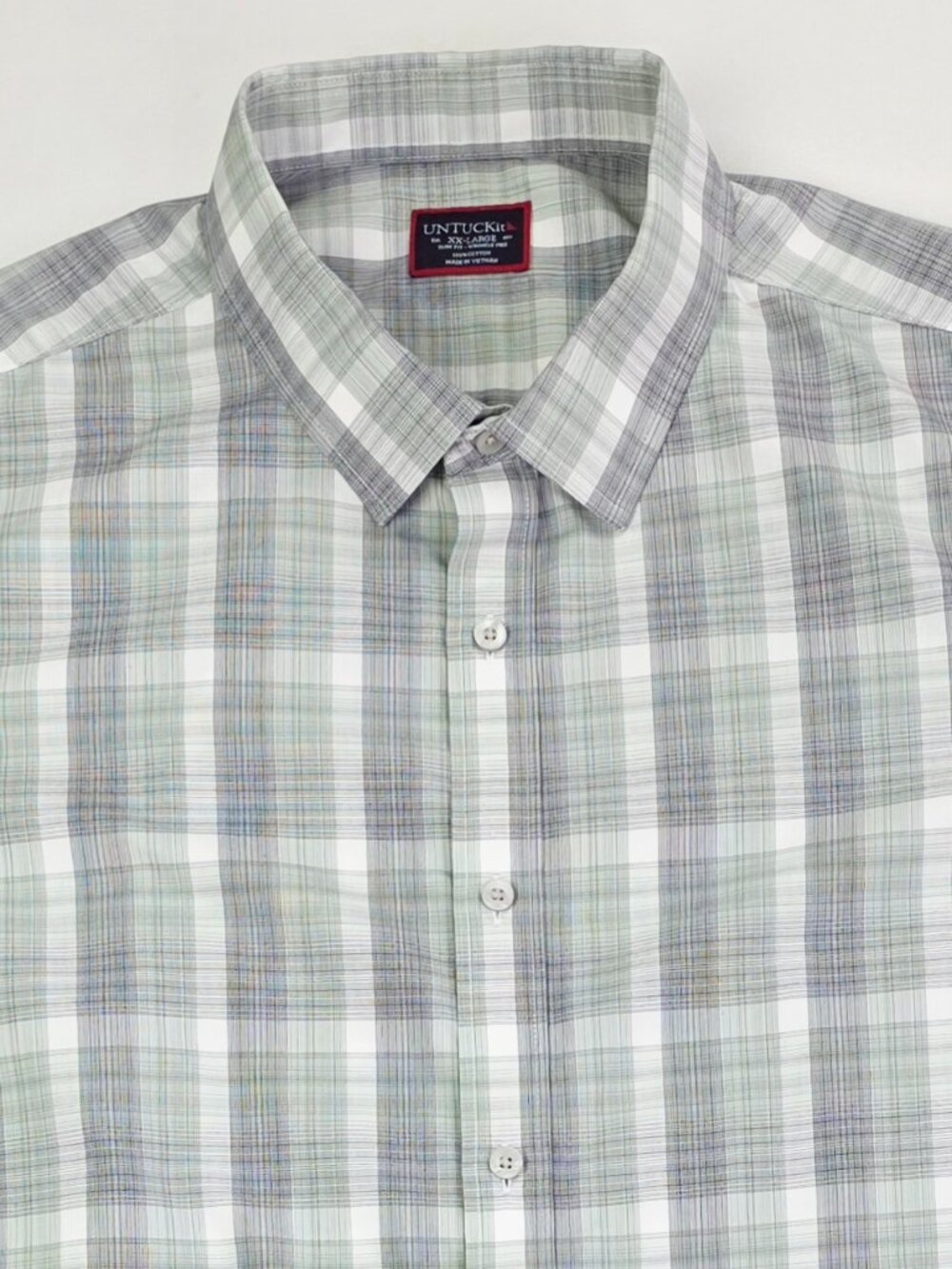 Untuckit Gray White Sage Check Slim Fit Wrinkle Free Size 2XL Cotton Mens Shirt
